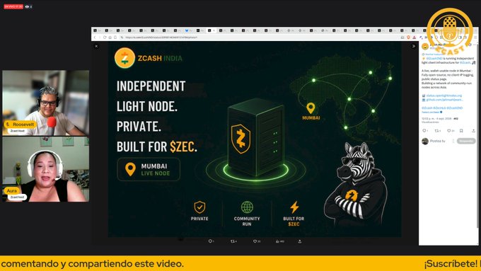 A livestream screenshot shows two people (labeled "Rocoberth" and "Aura") discussing a presentation for "ZCASH INDIA" about an "INDEPENDENT LIGHT NODE. PRIVATE. BUILT FOR $ZEC" based in Mumbai, with a zebra mascot illustration.