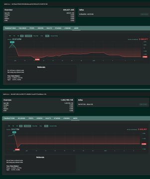 Screenshot of a cryptocurrency trading dashboard showing two wallet performance charts: one with a balance of $34,472,437 displaying a -$180,371 loss, and another showing 1,482,116,139 SOL with a -$33,306 loss, visually supporting the user's claim about a trader's negative PNL and poor execution history.