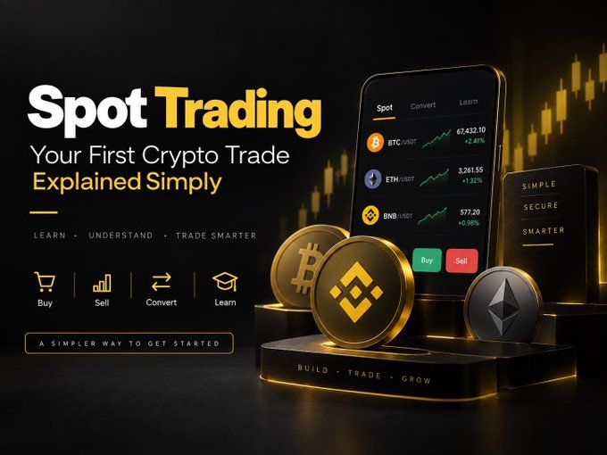 A promotional banner for 'Spot Trading' that reads 'Your First Crypto Trade Explained Simply,' featuring a smartphone displaying BTC, ETH, and BNB prices alongside 3D cryptocurrency coins.