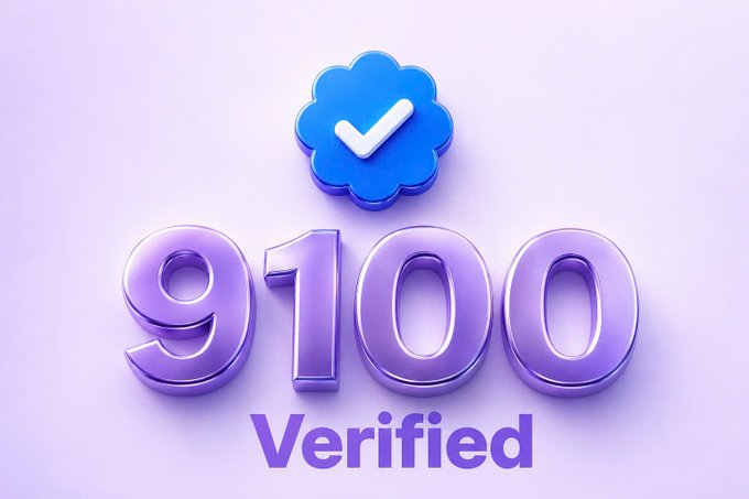 A 3D-style graphic displays the number "9100" in glossy purple digits beneath a blue verified checkmark badge, with the word "Verified" written below on a light purple background.
