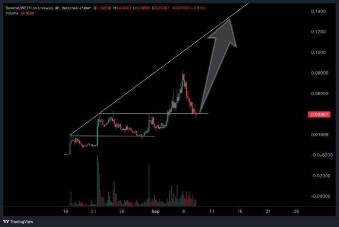 A 4-hour Uniswap chart for Basecat(WETH) shows a rising channel pattern with price at 0.03967, down 2.91%, featuring a large gray arrow projecting a bullish breakout above the upper trendline toward 0.14—aligning with the poster's confident "$BASECAT u got it ✌️" sentiment.