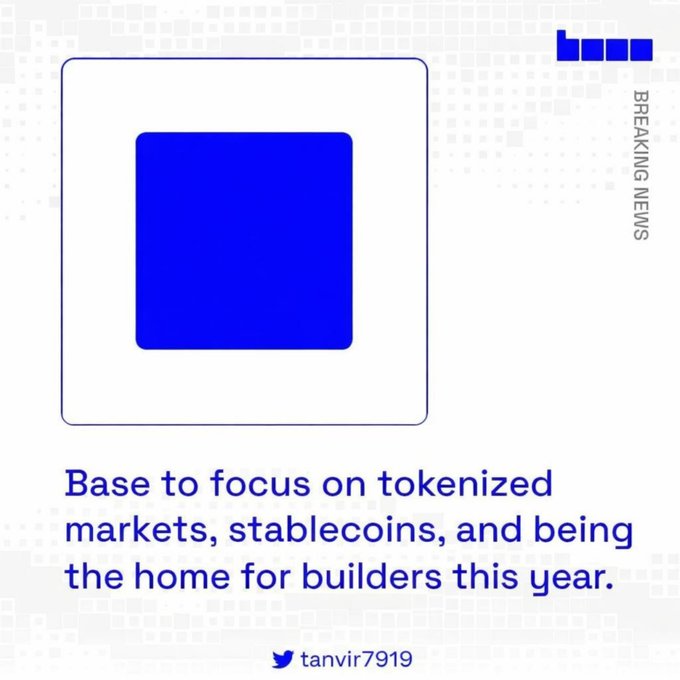 The image features a square blue square with white text that reads "Base to focus on tokenized markets, stablecoins, and being the home for builders this year." The background of the image is white with black squares, which gives the impression of a news article or social media post. The caption below the image provides additional information about the content displayed in the image.