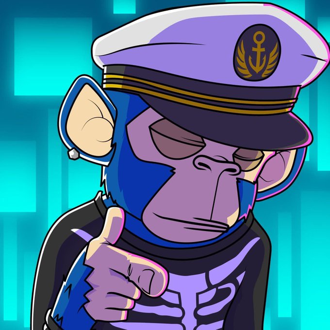 A cartoon illustration of a purple-skinned monkey character wearing a white captain's hat with a gold anchor emblem and giving a thumbs up.