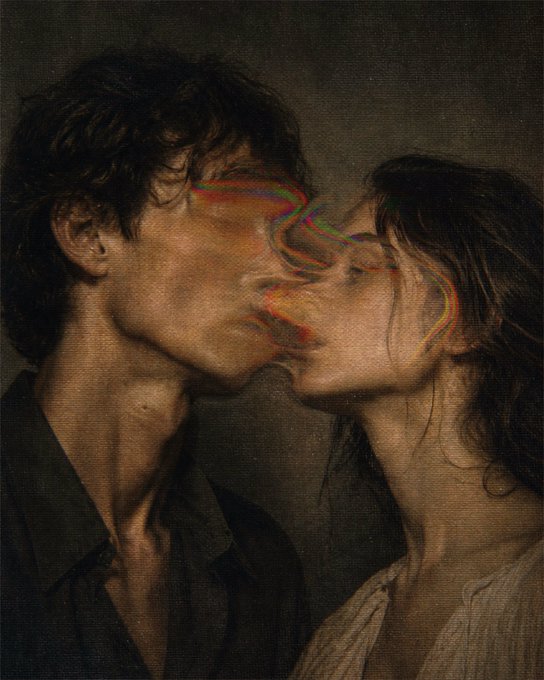 Two figures share an intimate kiss in profile, their features blurred and merged by streaks of rainbow light at the point of contact, evoking a sense of dissolving unity. The painterly, chiaroscuro style and glitch-like distortion suggest a digital reinterpretation of classical romantic art, fitting for a "minting tomorrow" announcement of a new generative artwork.