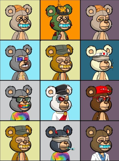 A 4x3 grid of pixel art bear NFT-style avatars with various outfits, accessories, and faces, including 3D glasses, bandaged eyes, and grills.