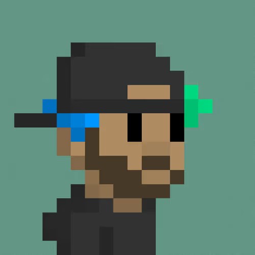 A pixel art portrait of a figure with a black hat and sunglasses against a teal background, likely representing a CryptoPunk-style NFT, with the post noting a generative art sale of 0.08 ETH tracked by sweepr.