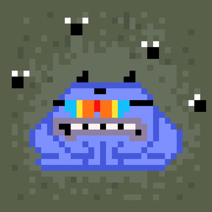 Pixel art illustration of a blue, rounded creature or robot with colorful teeth and small black horns, set against a dark green background with scattered pixel blocks and white-eyed figures.