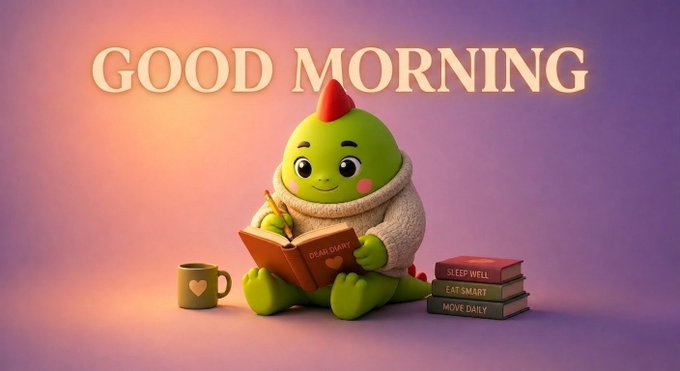 A 'GOOD MORNING' greeting card featuring a cute green cartoon dinosaur writing in a 'DEAR DIARY' notebook beside a coffee mug and books labeled 'SLEEP WELL', 'EAT SMART', and 'MOVE DAILY'.