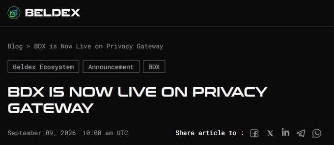A Beldex blog announcement titled 'BDX IS NOW LIVE ON PRIVACY GATEWAY' dated September 09, 2026.