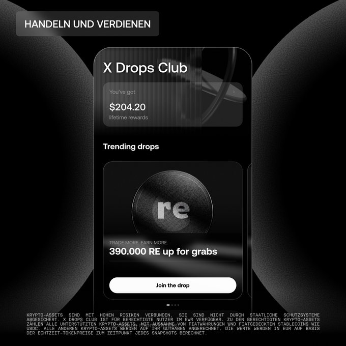 An advertisement for 'X Drops Club' showing 'Trending drops' with the text '390.000 RE up for grabs' and the German phrase 'HANDELN UND VERDIENEN'.