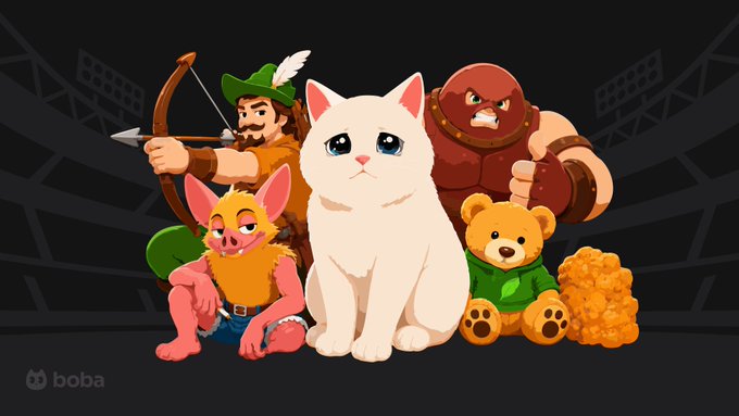 A diverse group of cartoon characters—an archer, a wrestler, a cat, a goblin-like creature, and a teddy bear holding honeycomb—stand together as heroes in a stadium setting, with "boba" written in the corner, symbolizing the team members already recruited for the Robinhood Chain. The image reinforces the post's call to action by visually representing the assembled crew and inviting others to suggest who should join the team.