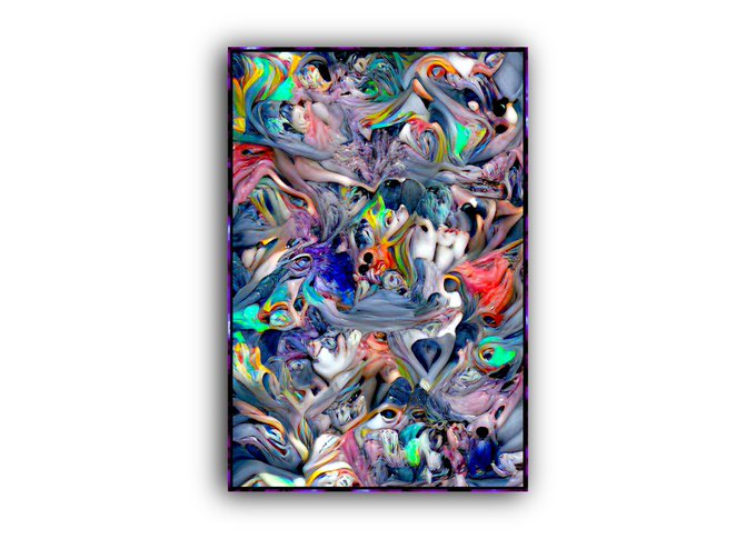 A framed abstract digital artwork displaying swirling, colorful patterns of human figures in vibrant hues.