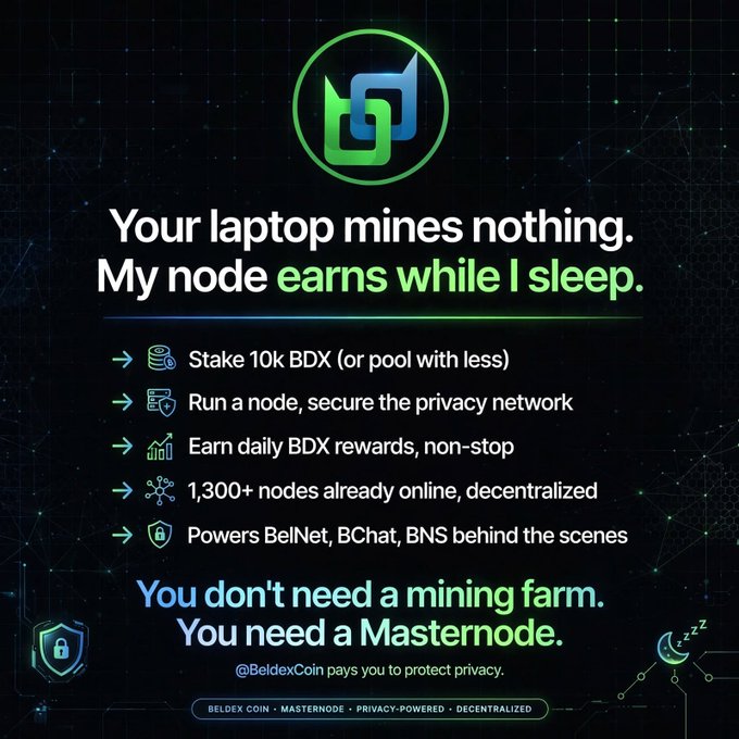 A promotional graphic for BelDex Coin masternodes reading 'Your laptop mines nothing. My node earns while I sleep,' highlighting 10k BDX staking, 1,300+ online nodes, and powering BelNet, BChat, and BNS privacy networks.