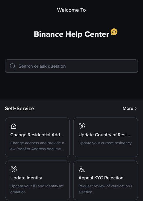 A screenshot of the Binance Help Center homepage featuring a search bar and self-service options including "Change Residential Address," "Update Country of Residence," "Update Identity," and "Appeal KYC Rejection," likely referenced in the post to highlight where users can seek support for issues like account verification and P2P scam concerns.