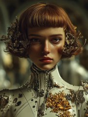 A portrait of a woman with short red hair, freckles, and decorative floral headpiece, wearing an ornate white and gold outfit with intricate detailing.