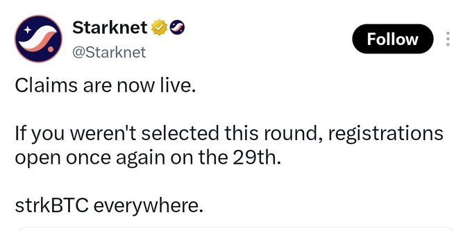 A tweet from Starknet (@Starknet) announces 'Claims are now live,' noting re-registration on the 29th and 'strkBTC everywhere.'