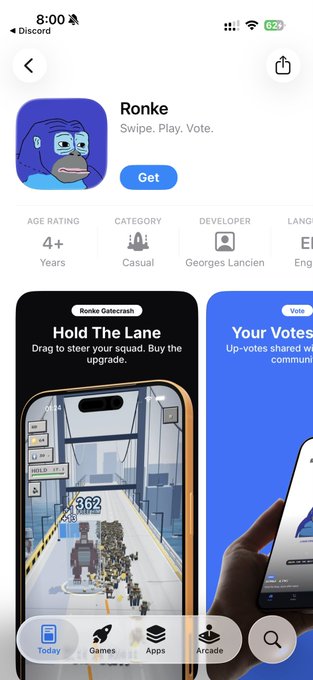 Apple App Store screenshot showing the 'Ronke' app listing with tagline 'Swipe. Play. Vote.', rated 4+, Casual category, developed by Georges Lancien, featuring screenshots of games 'Hold The Lane' and 'Your Votes'.