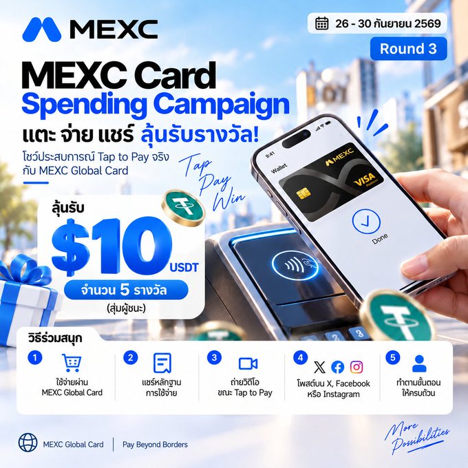 A promotional advertisement for a MEXC Card Spending Campaign in Thai, offering a $10 USDT reward and detailing steps to use the Tap to Pay feature with a MEXC Global Card.