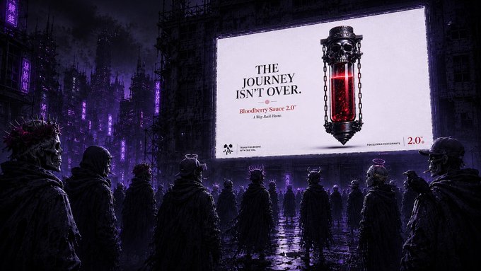 Dark promotional artwork showing hooded figures watching a billboard that reads 'THE JOURNEY ISN'T OVER. Bloodberry Sauce 2.0 - A Buy Back Horror'.