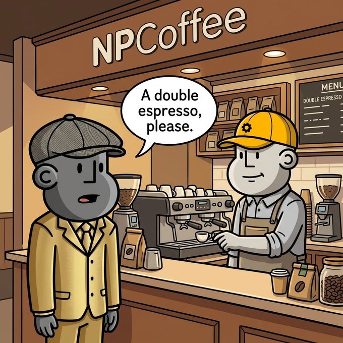 A cartoon scene at 'NPCoffee' shows a gray character ordering 'A double espresso, please' from a barista in a yellow cap.