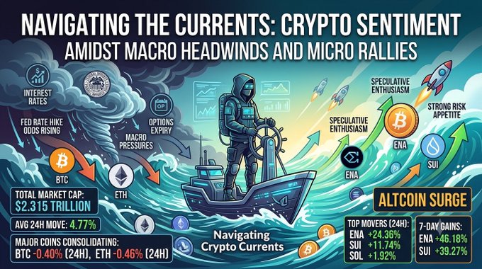 Infographic titled 'NAVIGATING THE CURRENTS: CRYPTO SENTIMENT AMIDST MACRO HEADWINDS AND MICRO RALLIES' showing crypto market data including BTC -0.40%, ETH -0.46%, ENA +24.36%, SOL +11.74%, and 7-day gains for ENA +46.18% and SUI +39.27%.