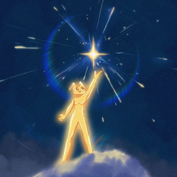 A glowing cat-human figure stands atop a cloud reaching toward a radiant star, symbolizing the pursuit of a higher, golden reward—mirroring the post's message to confidently "HODL for Gold" with conviction in the ticker $CETS without overcomplicating one's investment decisions.
