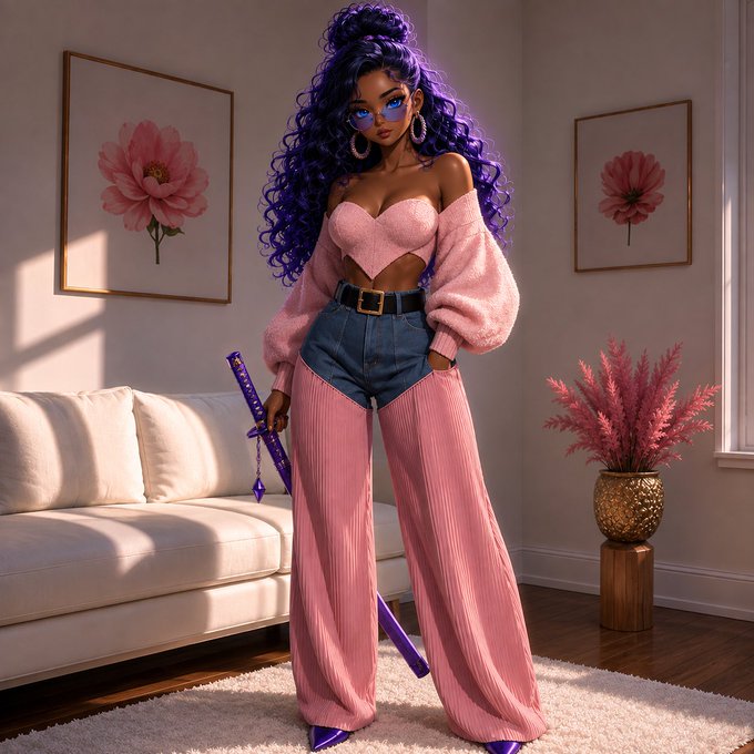 A stylized digital illustration of a woman with voluminous purple hair, wearing a pink cropped sweater, denim shorts, and pink pleated wide-leg pants, holding a purple sword in a living room setting.