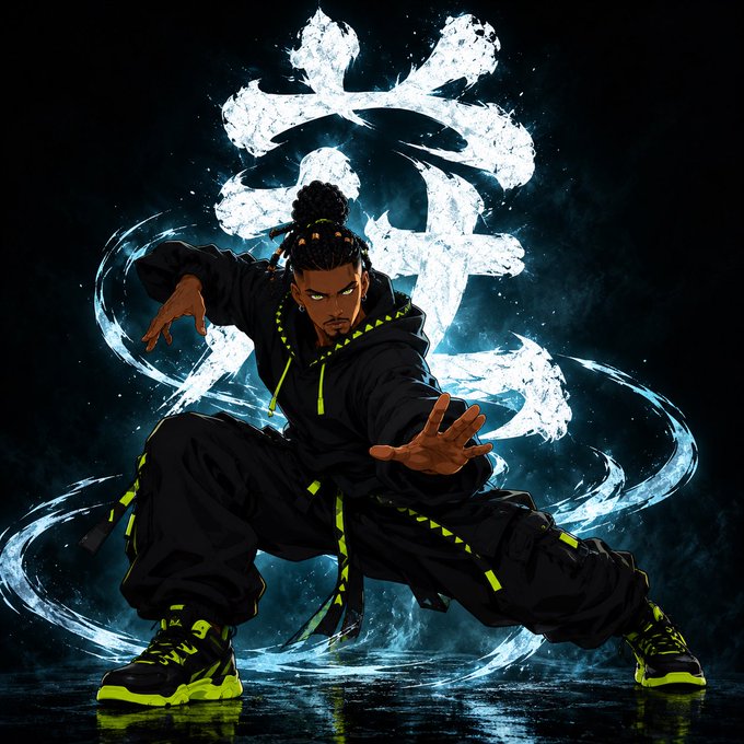 A stylized digital artwork shows a black-clad fighter with neon green accents in a low stance, surrounded by swirling white-blue brush effects.