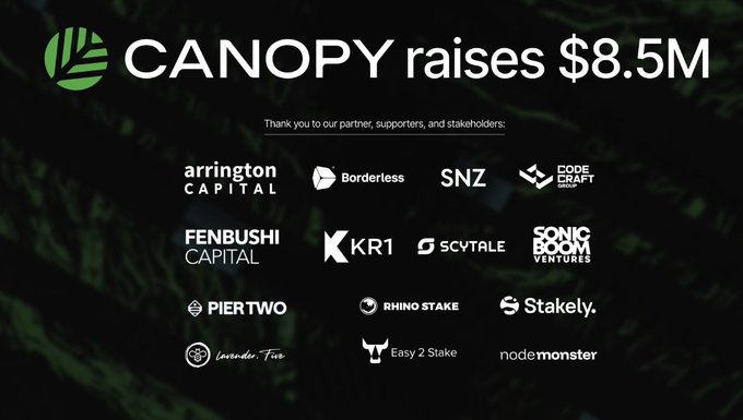 A promotional graphic announces "CANOPY raises $8.5M," thanking partners and supporters while displaying the logos of 12 participating investors including Arrington Capital, Borderless, SNZ, and Sonic Boom Ventures. The image relates to the post by showcasing the significant funding round secured by @CNPYNetwork, reinforcing the poster's excitement about Canopy's mission to build interconnected blockchain ecosystems.