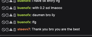 The image shows a Twitch chat where user "buenotrx" mentions having a 3K entry but struggles with a 0.2 SOL liquidity trade, calling out "daumen bro." Another user "steevv7" thanks buenotrx, saying "you are the best." This aligns with the post about a stream where profits were lower due to tough PVP competition in the morning, referencing small liquidity trades.