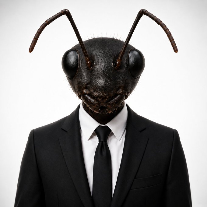 A surreal portrait of a person wearing a black business suit and tie, but with a giant black ant's head instead of a human face.