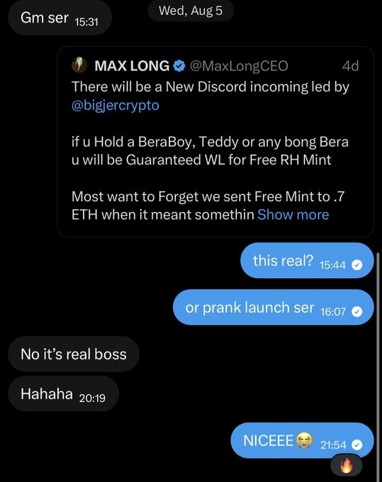 A Twitter DM conversation shows user "Gm ser" asking MAX LONG (@MaxLongCEO) about a new Discord announcement, with MAX LONG confirming it's real—not a prank—and mentioning a free mint project for holders of BeraBoy, Teddy, or BeraBongs NFT collections.