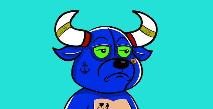 A digital illustration of a grumpy-looking blue cartoon bull with white horns, a green anchor tattoo on its cheek, and a small red flower, set against a teal background.
