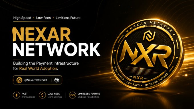 A promotional banner for 'NEXAR NETWORK' (NXR) describes 'Building the Payment Infrastructure for Real World Adoption' with features 'FAST Transactions,' 'LOW FEES More Savings,' and 'LIMITLESS FUTURE Endless Possibilities,' alongside a large gold NXR coin.