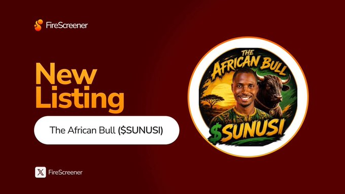FireScreener announcement banner for a 'New Listing' of 'The African Bull ($SUNUSI),' featuring a smiling man and a bull illustration inside a circular badge.