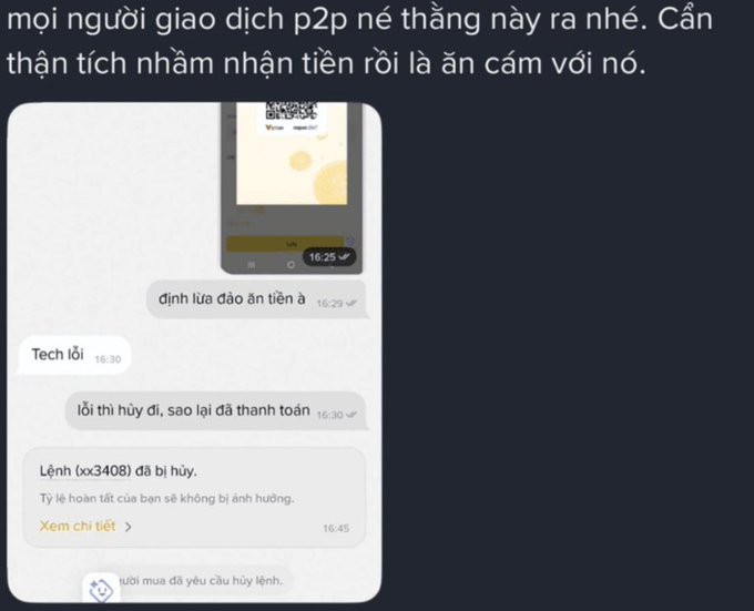 A Vietnamese social media post warning about P2P trading scams, showing chat screenshots with messages labeled 'định lừa đảo ăn tiền à' and a cancelled order notice.