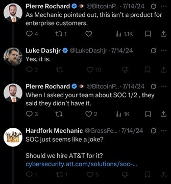 A Twitter/X exchange where Pierre Rochard (@BitcoinP) discusses whether a product is for enterprise customers, replies 'Yes, it is' from Luke Dashjr, and notes his team said they didn't have SOC 1/2, prompting Hardfork Mechanic to joke 'SOC just seems like a joke' and suggest AT&T.