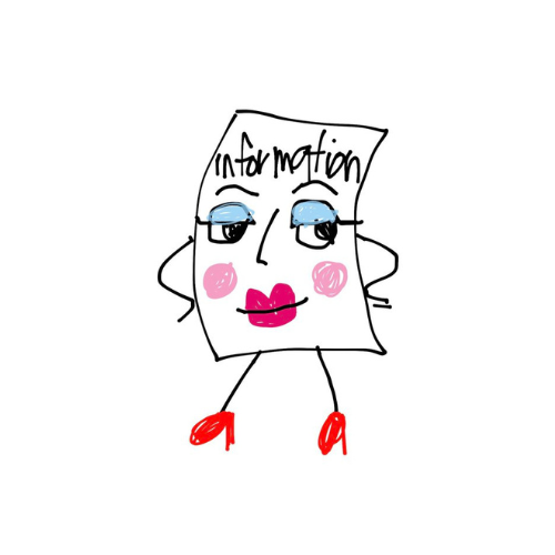 A hand-drawn illustration of an anthropomorphic piece of paper labeled 'information' with blue eyeshadow, pink cheeks, red lipstick, and red high heels, standing with hands on hips.