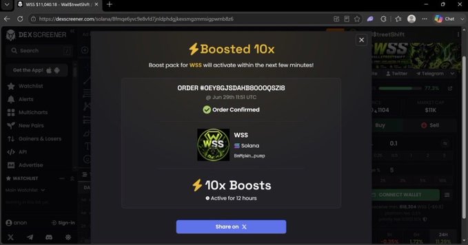 The image shows a DEX Screener page for the WSS token ($0.0...1104) on Solana, featuring a "Boosted 10x" promotion confirmation with Order #0EYBGJSDAHB8000Q3Z18. This appears to be a deceptive scheme where the poster is using a screenshot of a boosted meme coin listing on DEX Screener to lend false credibility to a fake "$10 SOL giveaway" that requests engagement and wallet addresses—a common crypto scam tactic.