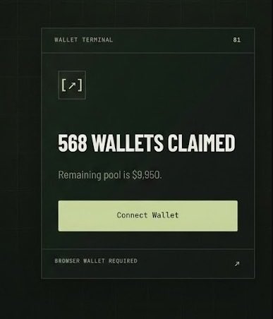 The post displays a "Wallet Terminal" interface showing "568 WALLETS CLAIMED" with a remaining pool of $9,950, featuring a "Connect Wallet" button prompting users to link a browser wallet to claim their airdrop rewards at lastzhood.fun/airdrop. The interface reinforces the post's urgency by visually demonstrating that more than half of the available reward pool has already been claimed.