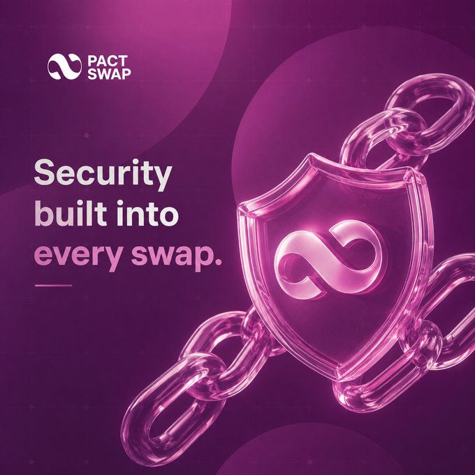Pink promotional graphic for 'PACT SWAP' featuring a shield with an infinity symbol on a chain, with text 'Security built into every swap.'