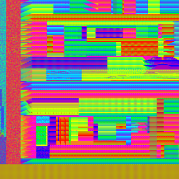 An abstract digital image resembling a glitched or corrupted video signal, with horizontal bands of bright neon colors.