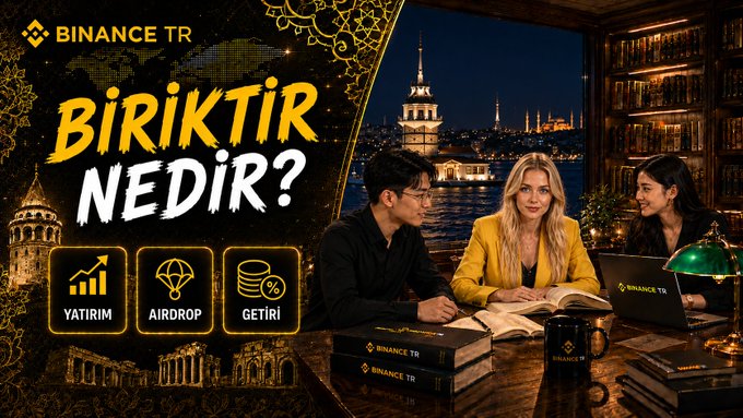 A Binance TR promotional graphic titled "Biriktir Nedir?" (What is Earn?) features three people at a desk against an Istanbul skyline backdrop, highlighting three features: "Yatırım" (Investment), "Airdrop," and "Getiri" (Yield), promoting Binance TR's Earn feature for generating returns on digital assets.