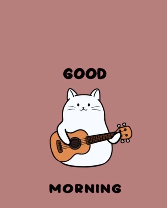 A cute cartoon white cat plays a guitar on a brown background with the text 'GOOD MORNING' displayed above and below.