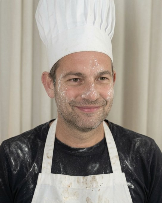 A smiling man wearing a white chef's hat and a flour-covered white apron over a black t-shirt.