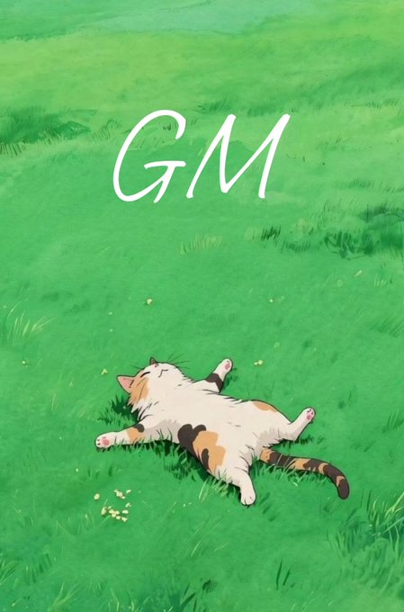 Illustration of a calico cat lying on its back in green grass with the handwritten text 'GM' above it.