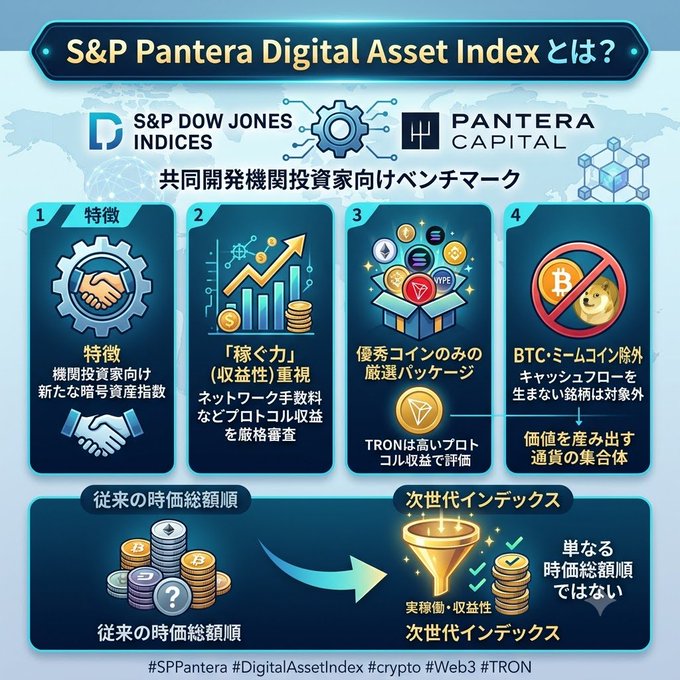 An infographic titled "S&P Pantera Digital Asset Index とは？" (What is the S&P Pantera Digital Asset Index?) explaining the jointly developed benchmark by S&P Dow Jones Indices and Pantera Capital, highlighting four key features: (1) being a new crypto index for institutional investors, (2) emphasizing "earning power" via protocol/protocol yields like network fees, (3) selecting only elite coins (notably highlighting TRON for high protocol yields), and (4) excluding BTC/Shiba Inu since they don't generate cash flow—contrasting the traditional market-cap ranking with the new next-generation index that prioritizes utility and profitability, with hashtags #SPPantera #DigitalAssetIndex #crypto #Web3 #TRON.