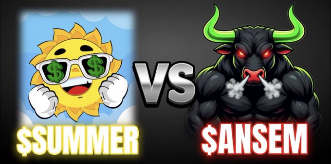 Crypto-themed illustration showing a sunglasses-wearing sun character labeled '$SUMMER' versus a red-eyed black bull labeled '$ANSEM' in a VS matchup.