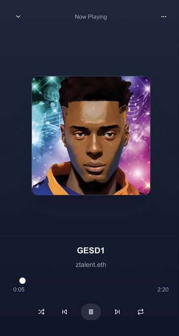 A music player screen showing 'Now Playing' for the track 'GESD1' by ztalent.eth, with a 2:20 duration and 0:05 elapsed.