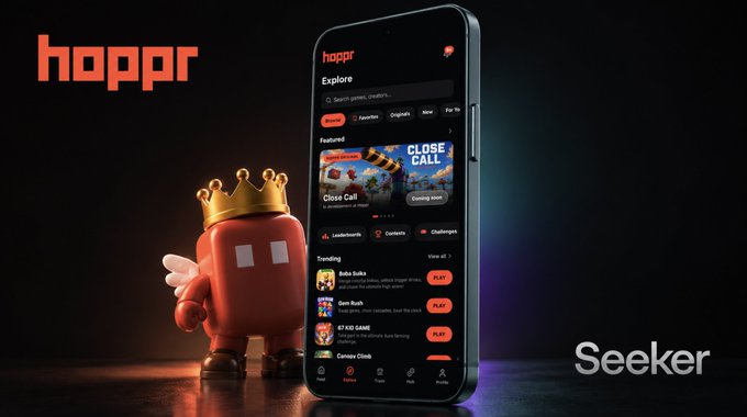 A promotional image for the app "hoppr" features a red mascot character with a crown and angel wings next to a smartphone displaying the app's "Explore" page, labeled "Seeker".